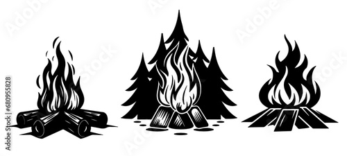 Camping wildlife adventure icons illustration icon vector for logo - Collection set of black silhouette of campfire wildlife, isolated on white background