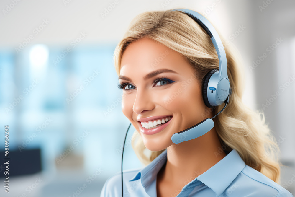 Customer service representative talking through headset Customer service representative talking through headset