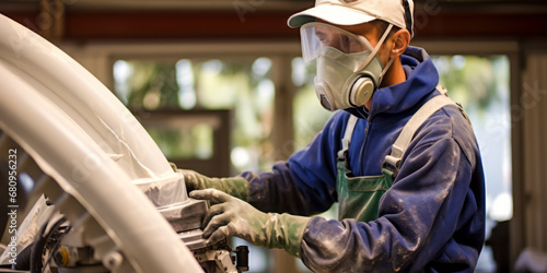 portrait of Fiberglass Laminator and Fabricator, who Laminate layers of fiberglass on molds to form boat decks and hulls, bodies for golf carts, automobiles, or other products.