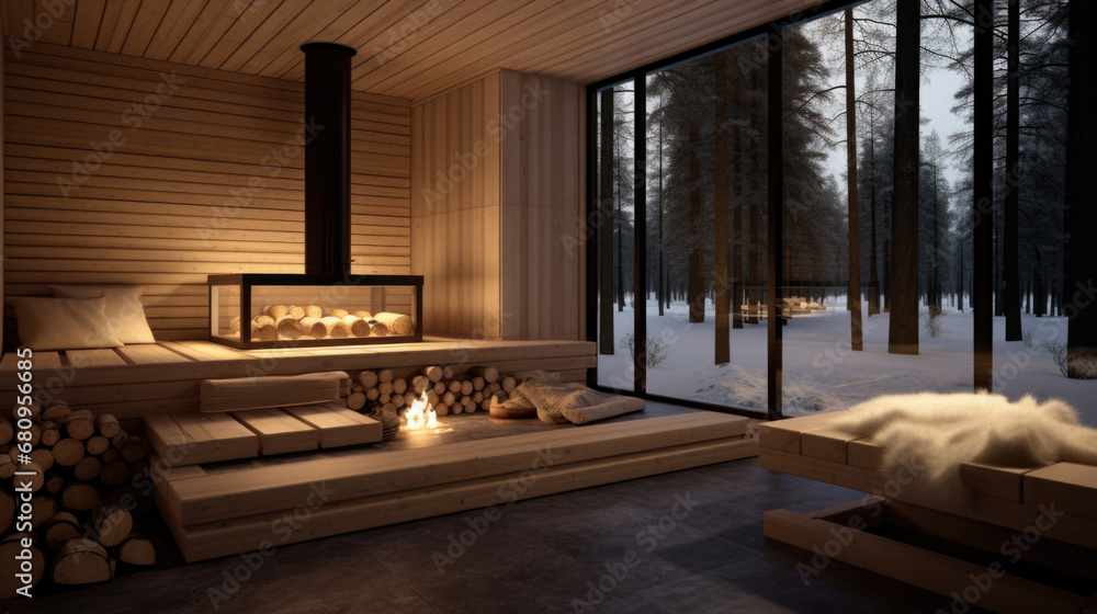Beautiful house with a sauna in a forest and a beautiful design of the house