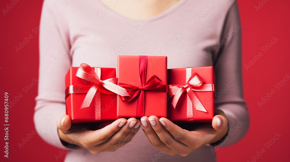 Cropped View Woman Holding Gift Boxes Hand Isolated Red Backgound