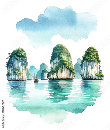 Misty Peaks: Watercolor Serenity of Ha Long Bay
