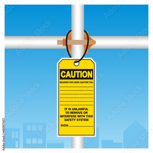 Yellow scaffolding tag hanging on the frame vector illustrations. Scaffolding work safety requirements. Incomplete scaffolding installation.