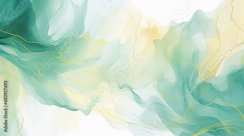a painting of green and yellow colors on a white background. Abstract Emerald color Florals