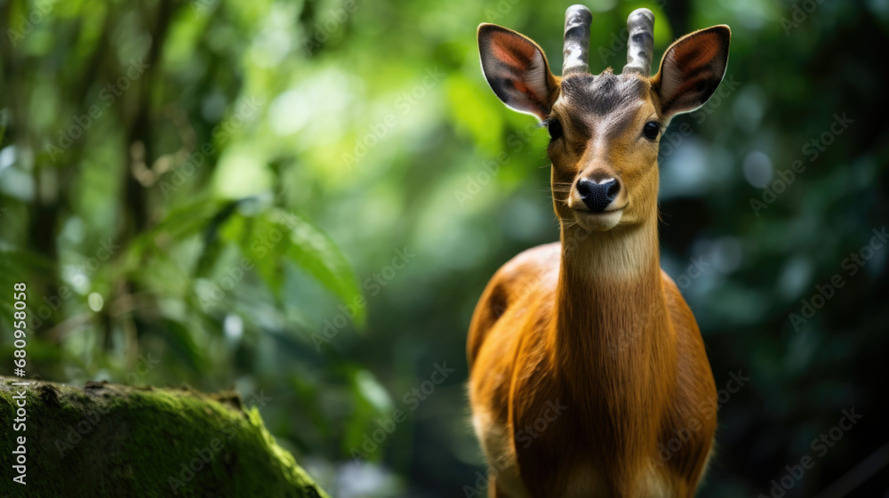 Muntjac (Muntiacus reevesi), also known as the Chinese muntjac, is a muntjac species found widely in southeastern China - obrazy, fototapety, plakaty 