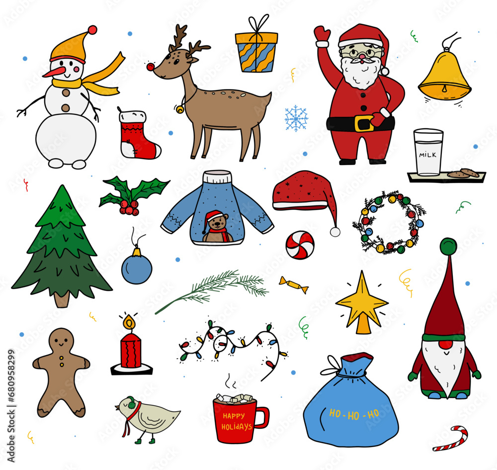 Naklejka premium The Big Christmas Set. Doodle style. Santa Claus, Christmas tree, ugly sweater and other symbolic elements.