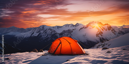 Tent amidst majestic mountains at sunset. Sunrise camping. Embracing nature beauty in mountain. Outdoor adventures. Summer under starry sky, generative AI 