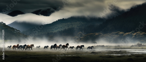 Horse runs gallop on the fog field photo
