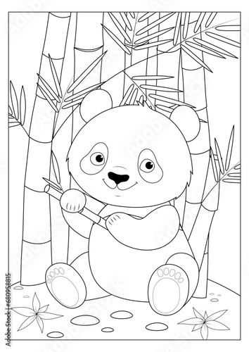 A panda sits on the ground and eats bamboo. There are thickets of bamboo in the back. Coloring page for kids. Vector illustration
