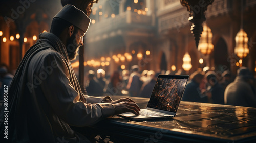 Muslim person using laptop.