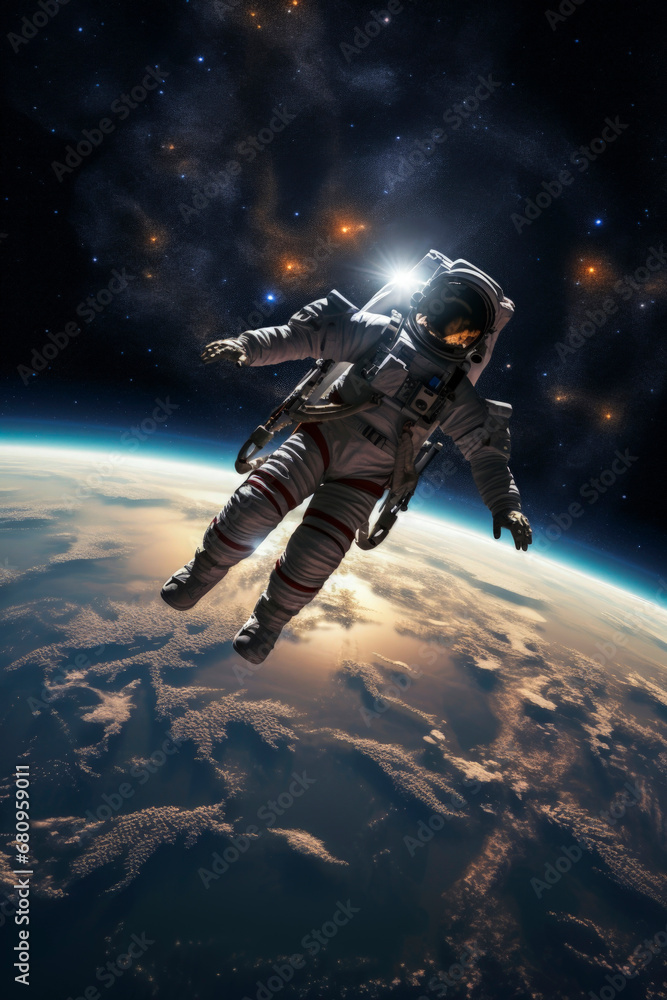Generative AI image of unrecognizable astronaut in protective Extravehicular Mobility Unit with backpack and reflecting helmet floating in space