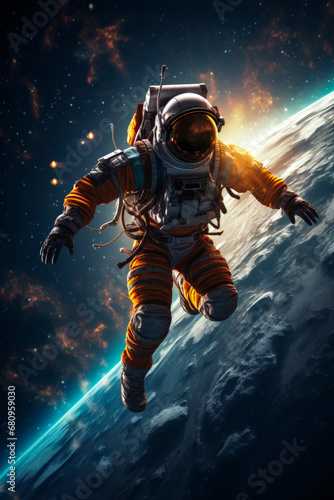 Generative AI image of unrecognizable astronaut in protective Extravehicular Mobility Unit with backpack and reflecting helmet floating in space © ADDICTIVE STOCK CORE