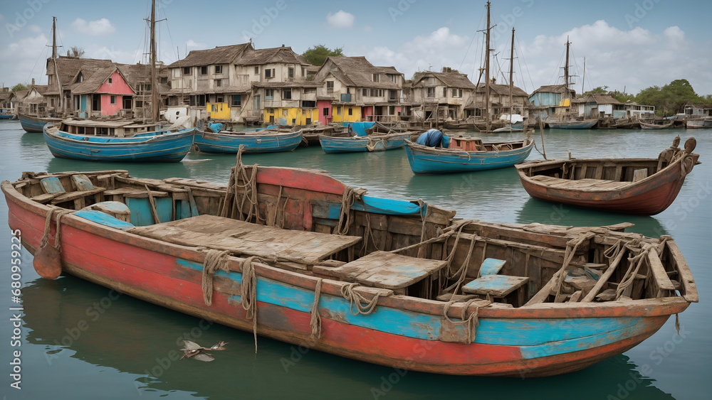 In a vividly whimsical portrayal, imagine a weathered and comically oversized dinghy in an outrageously vibrant hue, captured in a surreal photograph