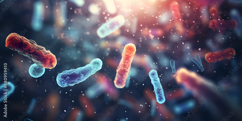 Intestinal bacteria play a crucial role in the microbiome of the body , Probiotics Science biological background Microscopic bacterias , generative AI - obrazy, fototapety, plakaty 