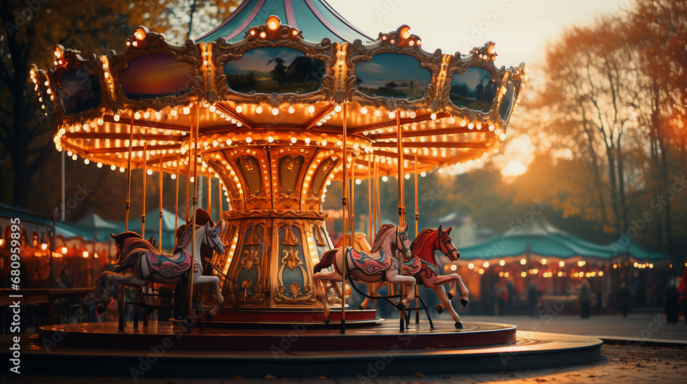 Carousel in amusement park. Carousel in amusement park.