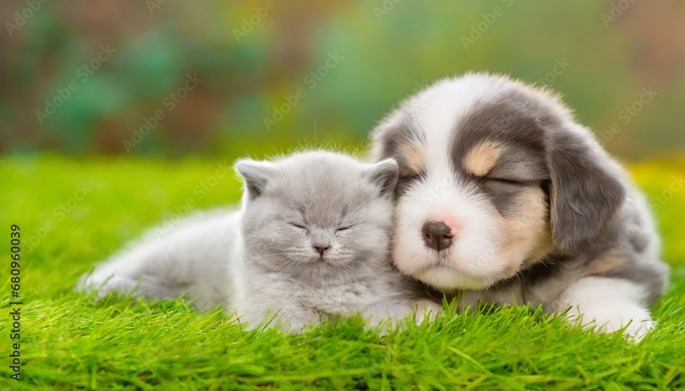 Puppy and kitten sleeping cuddling on the grass Puppy and kitten sleeping cuddling on the grass