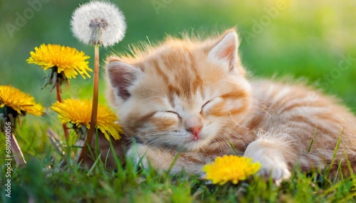 Cat sleeping nestled in a dandelion