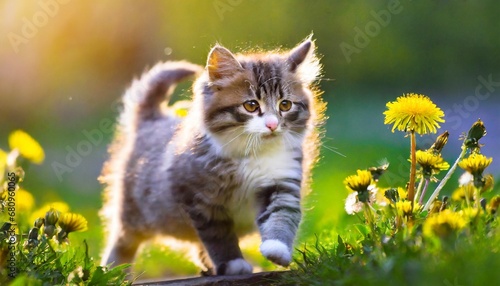 A cat walking on a spring field
