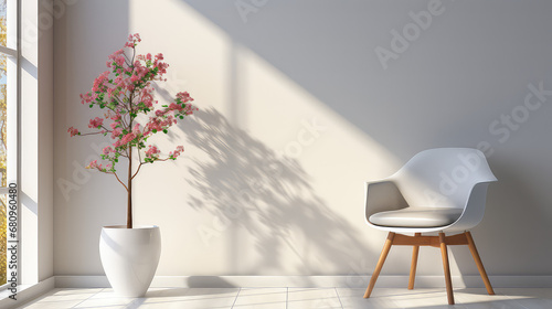 white chair and vase against window near white wall, interior modern design