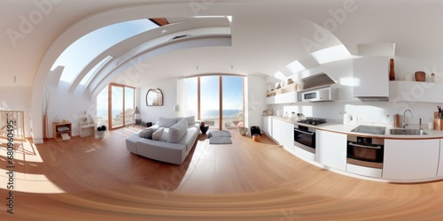 360 - view of living room and kitchen in a house, AI