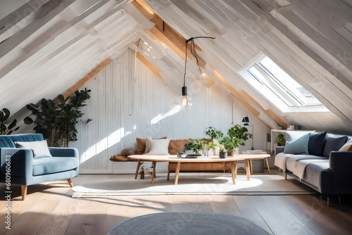 Scandinavian home interior design of modern living room in attic with lining ceiling