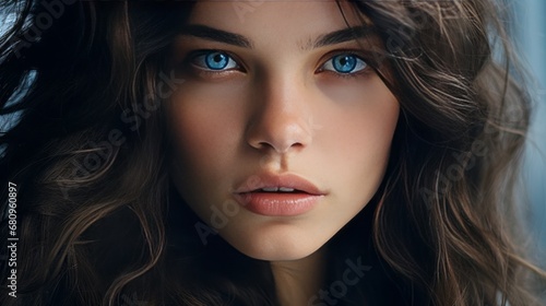 realistic beautiful photo of a brunette with blue eyes, copy space, 16:9