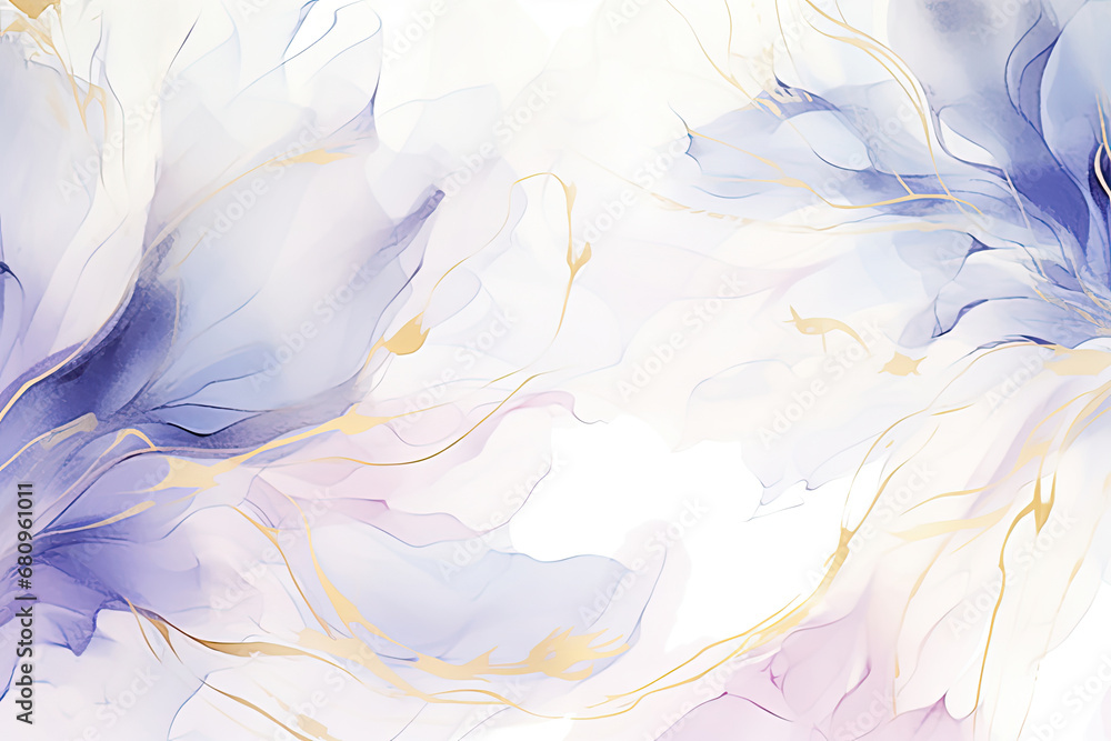 a painting of blue flowers on a white background. Abstract Violet flower and botanical leaves