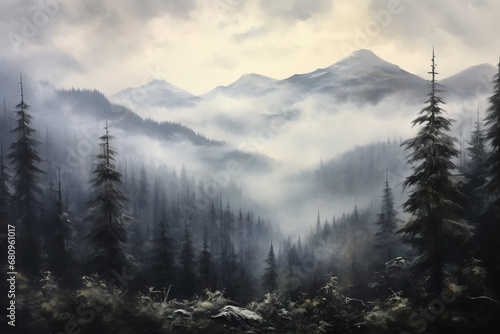 A misty morning in the mountains  oil painting