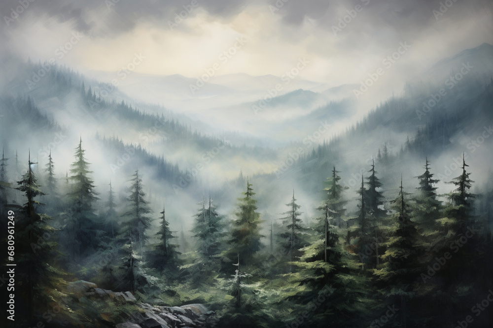 A misty morning in the mountains, oil painting A misty morning in the mountains, oil painting