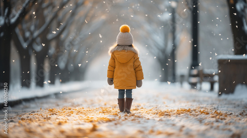 Fototapeta Naklejka Na Ścianę i Meble -  A lovely cute little kid standing on snow covered street in the morning in a cold winter day 