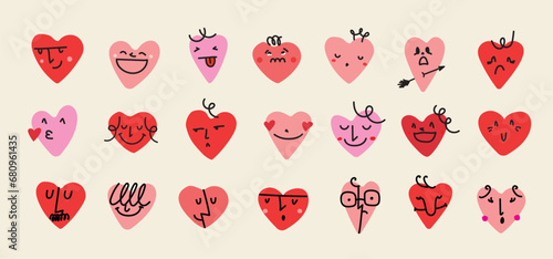 Groovy hippie love sticker set. Heart funny cartoon character different pose. Happy valentine's day concept. Trendy retro 60s 70s style emoji. Y2K aesthetic. Vector illustration.