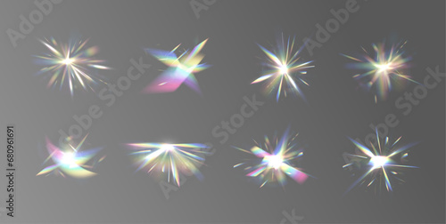 	
Rainbow light rays, lens flare, reflection effect from crystal, glass or gem. Background material reflection of light glitter.	