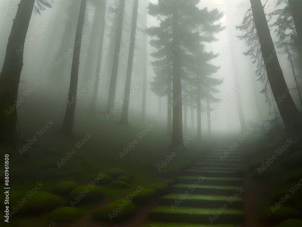Mysterious stairs in gloomy forest