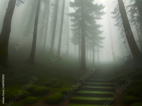 Obraz na płótnie Mysterious stairs in gloomy forest w salonie