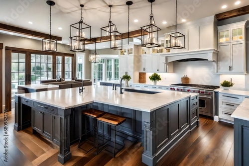 Traditional kitchen in beautiful new luxury home with hardwood floors, wood beams, and large island quartz counters. Includes farmhouse sink, elegant pendant lights, and large windows photo