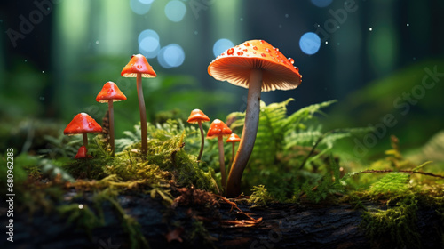 beautiful closeup of forest mushrooms in grass, autumn season. little fresh mushrooms, growing in Autumn Forest. mushrooms and leafs in forest.