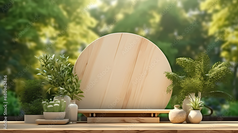 Naklejka premium 3d rendering wooden festival product exhibition stand, podium, stage, product commercial photography background, PPT background product cosmetics display