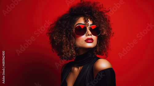 Curly stylish elegant woman in sunglasses holds cocktail glass. Charming male in black festive suit poses on red background. Christmas, party time