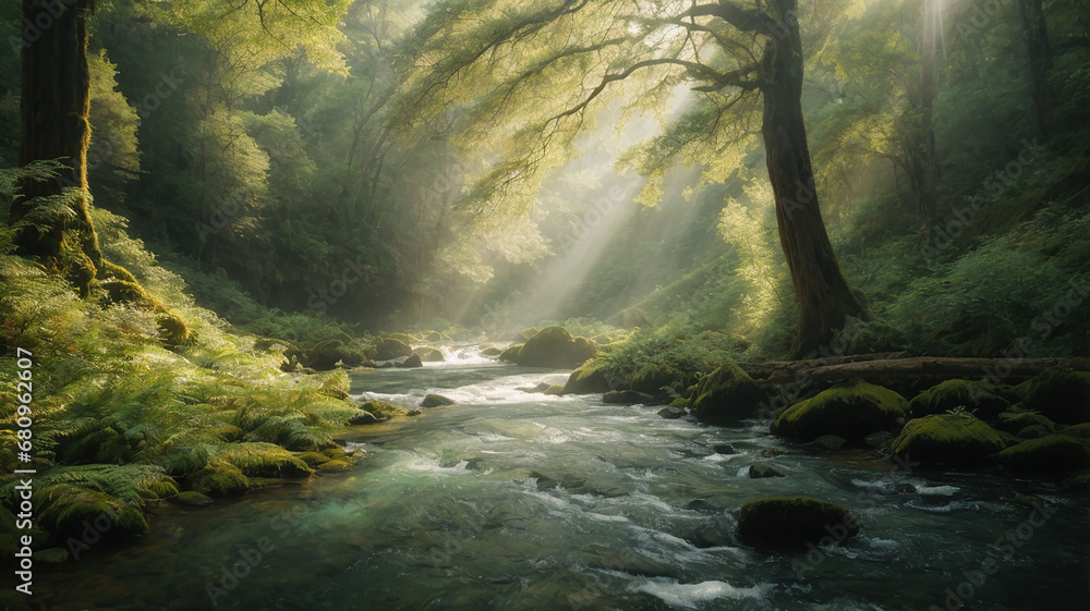 Generate scenes where sunlight dances through the leaves of ancient forests, or where crystal-clear rivers wind their way through lush canyons Generate scenes where sunlight dances through the leaves of ancient forests, or where crystal-clear rivers wind their way through lush canyons