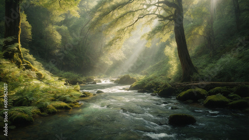 Generate scenes where sunlight dances through the leaves of ancient forests  or where crystal-clear rivers wind their way through lush canyons