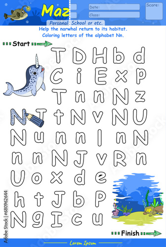 Alphabet Maze Game learning alphabet Nn with Narwhal cartoon