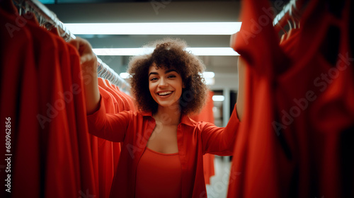 Brunette curly woman rejoices and holds hanger with red dress in dressing room.