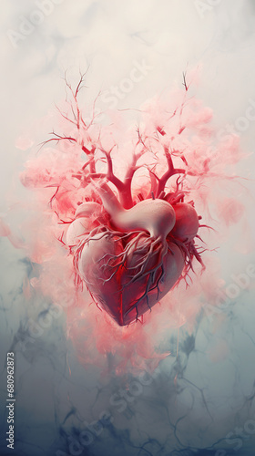 Human heart on pastel foggy, misty background, Colored, creative illustration in futuristic style. Saint Valentine