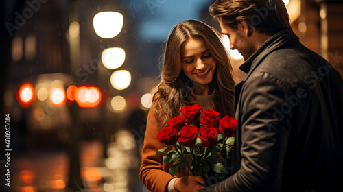 Romantic date. Man giving his girlfriend bunch of red roses on Valentine's Day. Street photo