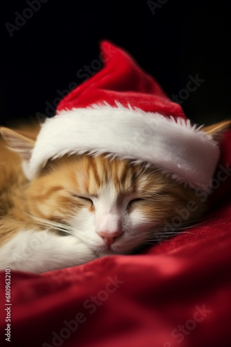 Santa Paws Relaxes - cat is nestled on a vibrant red blanket
