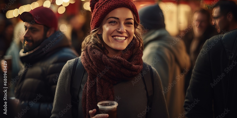 A group of individuals at a Christmas market. Generative Ai.