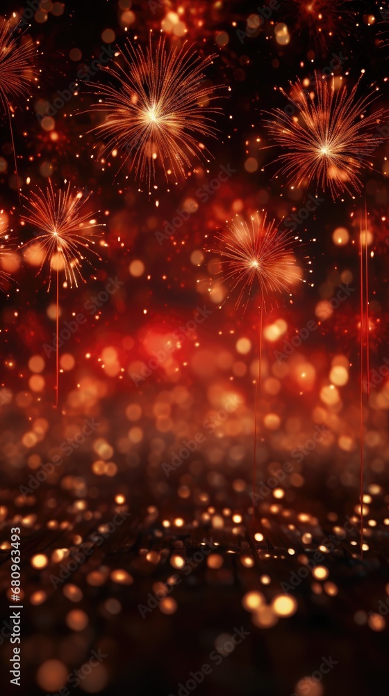 Fototapeta premium Fireworks and bokeh in gold and dark red. Generative Ai.