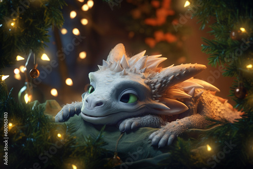 White dragon on christmas illustration and garlands and blurred lights. Fairytale dragon with green eyes on Christmas fir background with garlands and space for copy, advertising and text