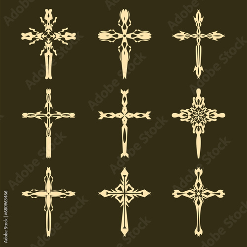 Christian cross vector icon symbols.  Abstract christian religious belief or faith art illustration for orthodox or catholic design. The symbol of the cross in various designs used in tattoo.	