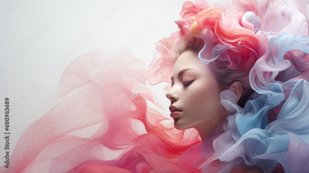 A surreal pastel portrait of a dreamy woman with her eyes closed, surrounded by a cloud of smoke and the mysterious silhouette, evoking a sense of longing and imagination.